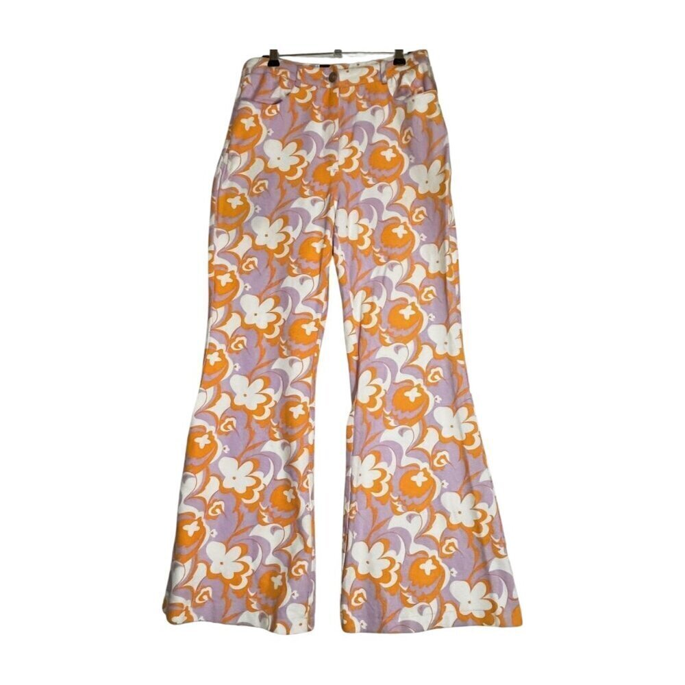 PRINCESS POLLY Jasmina Denim Wide Flare Floral Orange Lavender Size 4 - Picture 1 of 12